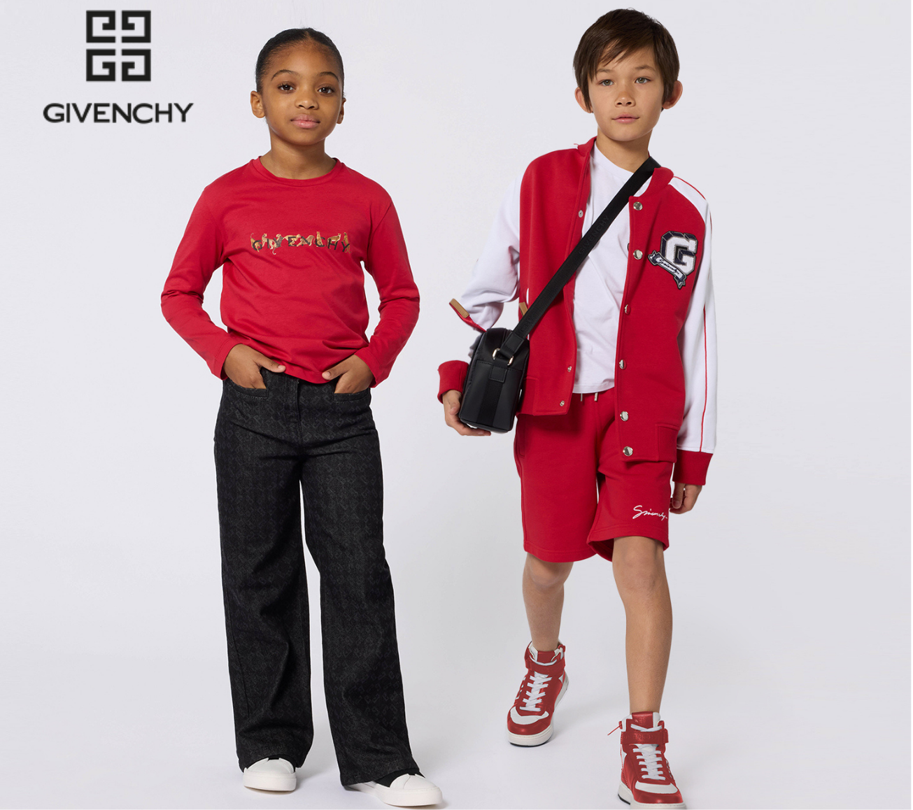 Two children wearing Givenchy outfits on a white background