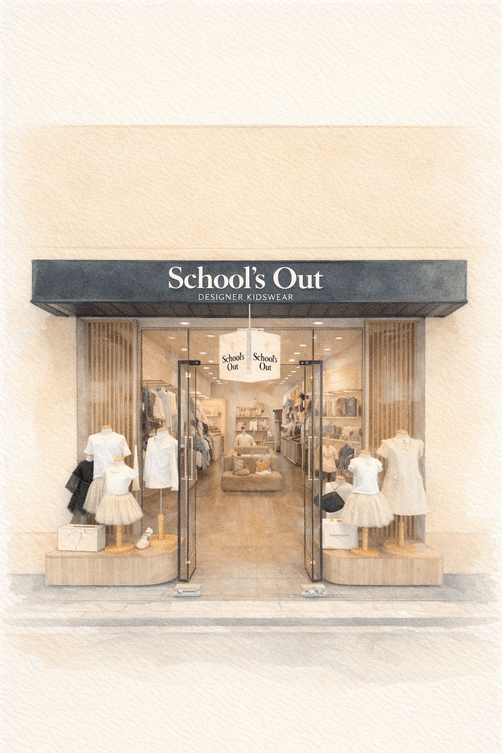 Storefront of 'School's Out' designer kids' wear with mannequins and clothing displayed.